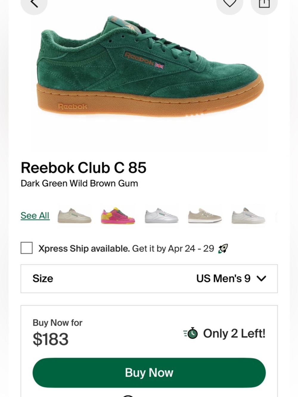 Reebok Club C 85 Green Suede UniSex Low-Top Sneakers - Size 10.5M - Picture 10 of 11